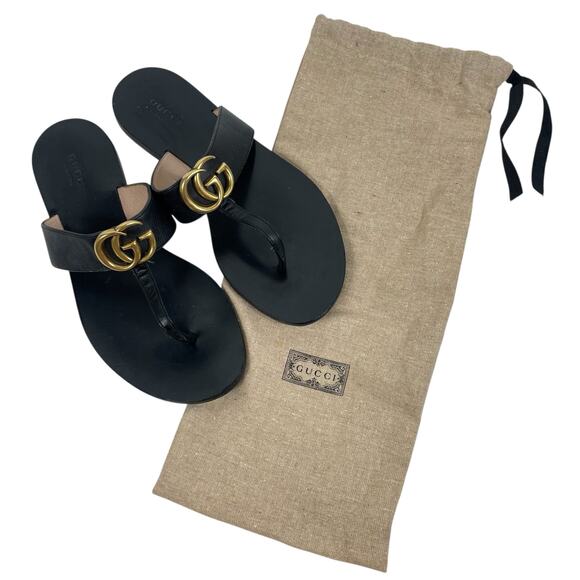 Gucci Black Leather Thong Sandals Gold Double G Logo Size 37 - Picture 13 of 13